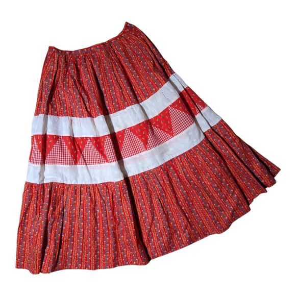 Vtg 1970s Red Calico Floral Eyelet Lace Prairie Cottage Gunne Style Maxi Skirt S - Picture 1 of 4